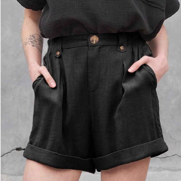 Pants - 146. Black High-Waisted Linen Blend Shorts